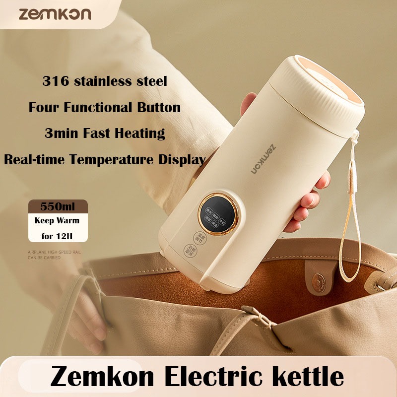 Zemkon กาต้มน้ําไฟฟ้า 550ml แบบพกพา Thermos ถ้วยกีฬากลางแจ้งขวดน้ํา 316-SUS 220V 3min Fast ความร้อนหม้อไอน้ํา