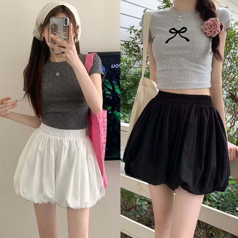 Gjcute กระโปรงสั้นทรงบอลลูนผู้หญิง กางเกงขาสั้น Y2k Skirt pants เอวสูง มีซักใน มีกระเป๋า สุดฮิต สาวอ้วนใส่ได้