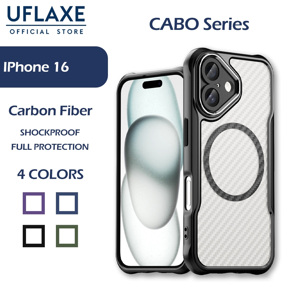 UFLAXE CABO เคสแม่เหล็กสำหรับ Apple iPhone 16 - เคสโทรศัพท์ใส เคสแข็งกันกระแทกคาร์บอนไฟเบอร์