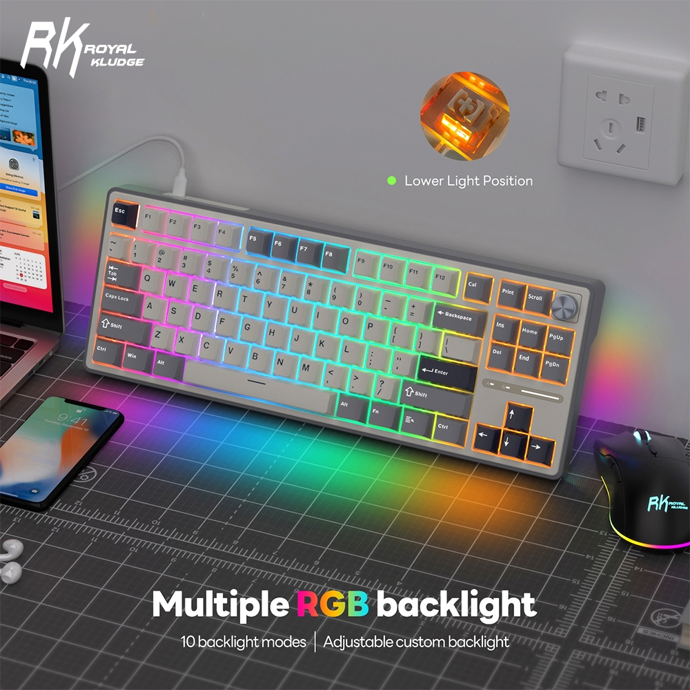 Royal Kludge RK R87Pro Half Grey 88 Key Gaming Keyboard 80% พร้อมคีย์บอร์ดเชิงกลลูกบิด