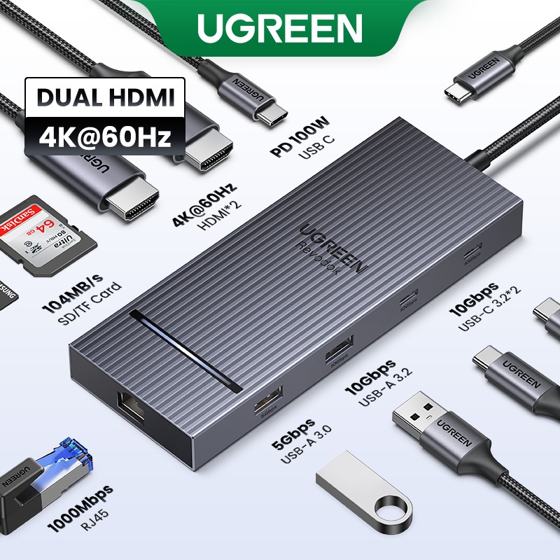 Ugreen 10Gbps Dual HDMI 7-in-1 HUB 4K @ 60hz ประเภท C ถึง HDMI USB3.2 Gen2 10Gbps 2xUSB-C 3.210Gbps 