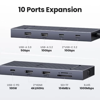 Ugreen 10Gbps Dual HDMI 7-in-1 HUB 4K @ 60hz ประเภท C ถึง HDMI USB3.2 Gen2 10Gbps 2xUSB-C 3.210Gbps 2xUSB-A 3.2 10Gbps PD100W HUB สําหรับ iPad Air M2 Pro 11 "MacBook 1 M3