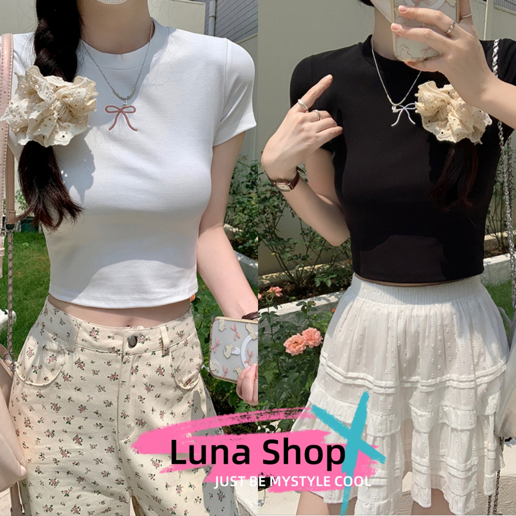 Luna Shop เเวอร์ชั่นเกาหลี chic เสื้อสั้นเซ็กซี่หวานๆ เสื้อยืดแขนสั้นพิมพ์ลายผีเสื้อสำหรับผู้หญิง