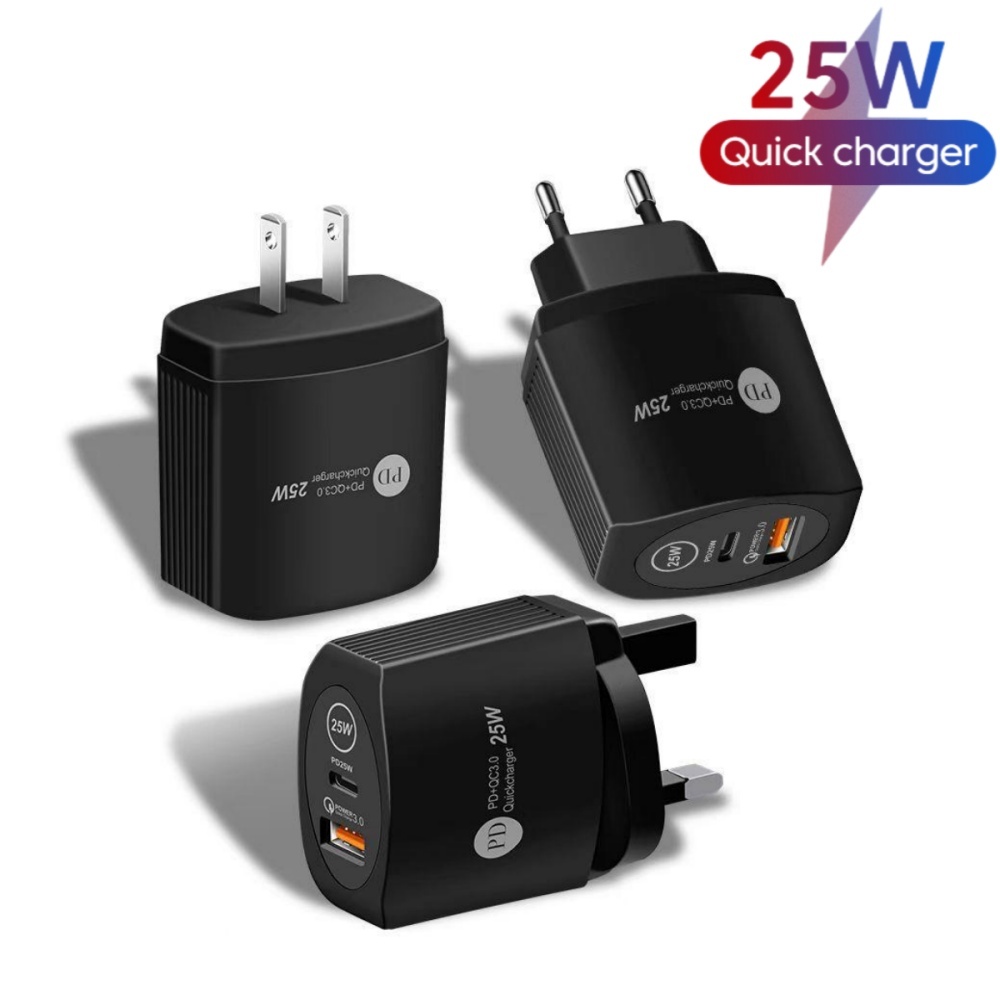 อะแดปเตอร์ปลั๊กชาร์จ 25W 2 พอร์ต EU US UK USB Type C แบบสากล สําหรับโทรศัพท์มือถือ แท็บเล็ต