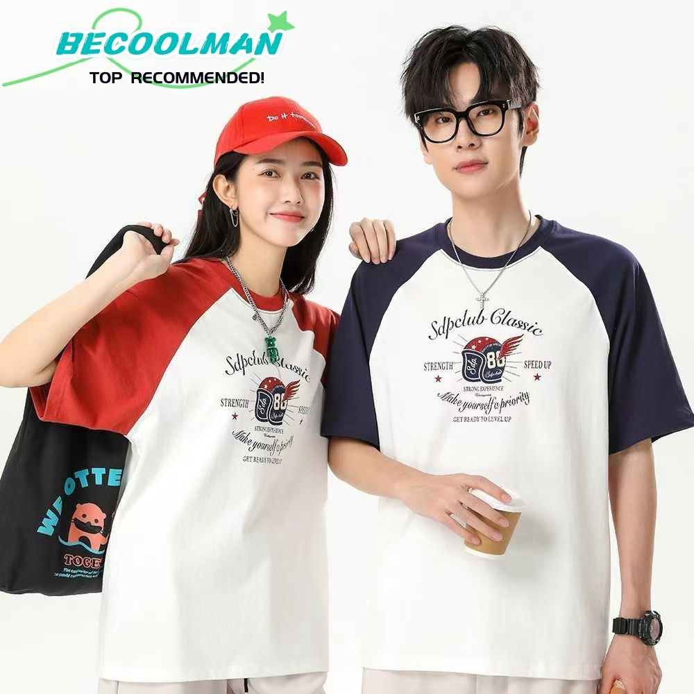 BECOOLMAN-แนววินเทจ เย็บติดกัน สีตัดกัน ชาย แขนสั้น สร้างสรรค์ พิมพ์ลาย คอกลม แฟชั่น เสื้อท่อนบน