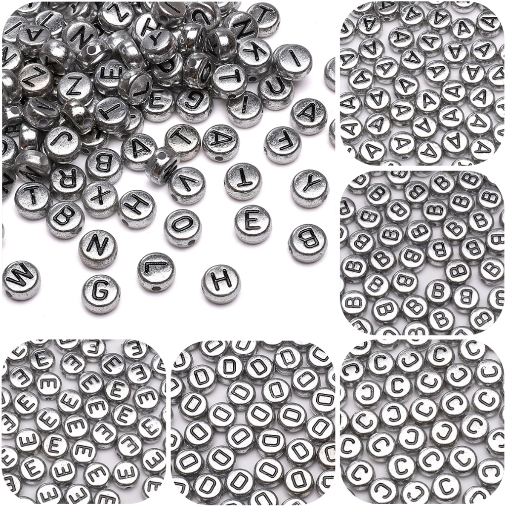 [4x7มม.] 50ชิ้นเงินจดหมายลูกปัด26เดียวจดหมายลูกปัดอะคริลิแบนรอบลูกปัด ทําเอง ทําด้วยมือ - รูปที่ 4