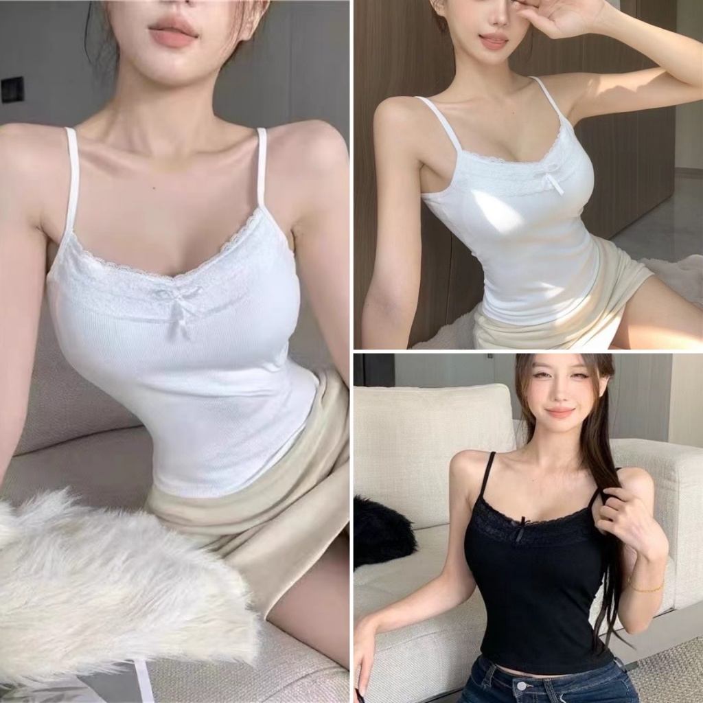 Hotgirl พร้อมส่ง✨เสื้อกล้ามผู้หญิง เสื้อกั๊กแฟชั่น เซกซี่รัดรูป สายเดี่ยว ดีไซน์ลูกไม้ แต่งโบว์