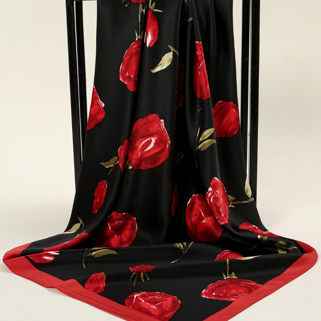 Lovosme 90*90 ซม.Rose Twill ผ้าไหมผ้าพันคอ Bawal พิมพ์ Hijab Bandana ผู้หญิงผมกระเป๋าตกแต่งผ้าพันคอคอ - รูปที่ 2