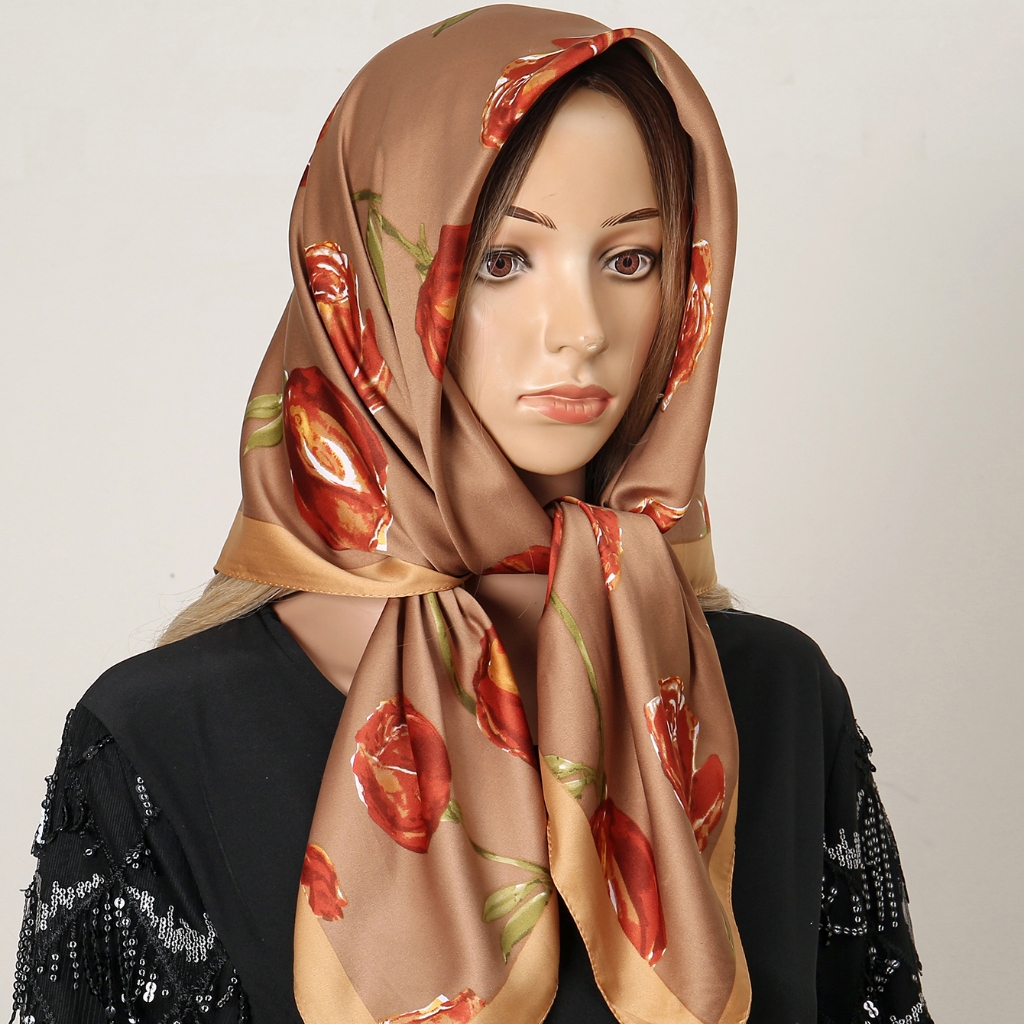 Lovosme 90*90 ซม.Rose Twill ผ้าไหมผ้าพันคอ Bawal พิมพ์ Hijab Bandana ผู้หญิงผมกระเป๋าตกแต่งผ้าพันคอคอ - รูปที่ 3