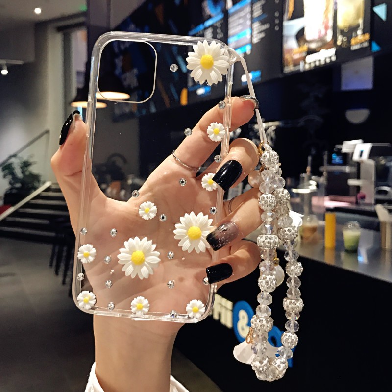 Glitterเคสโทรศัพท์สําหรับiPhone 17 16 Pro Max 11 12 13 14 15 Pro Max XR XS 6 7 8 PlusปลอกหรูหราBlingเพชรดอกไม้สีเหลืองDaisy Clear Soft TPUปกหลังพร้อมเชือกเส้นเล็กคริสตัล