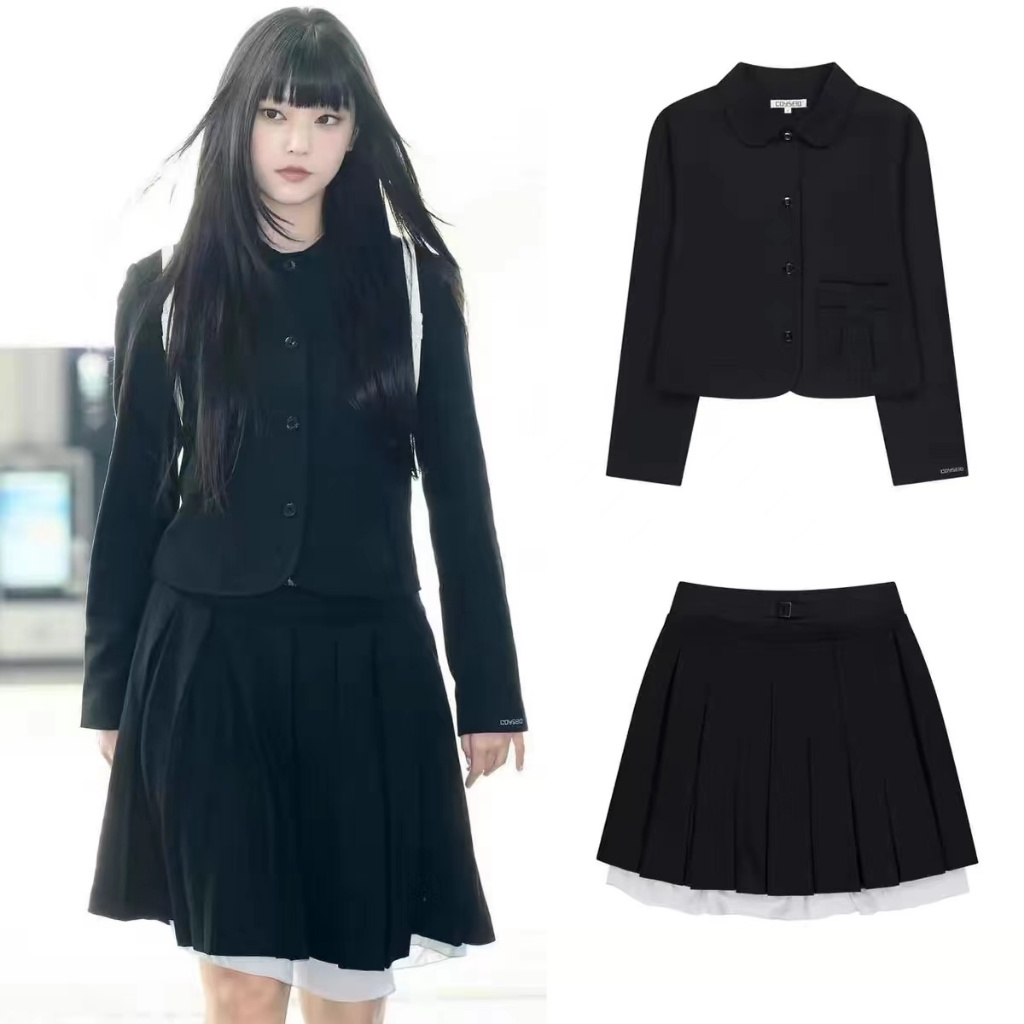 Newjeans Haerin สไตล์เกาหลี เสื้อสูท ชุดกระโปรงจีบเอวสูง