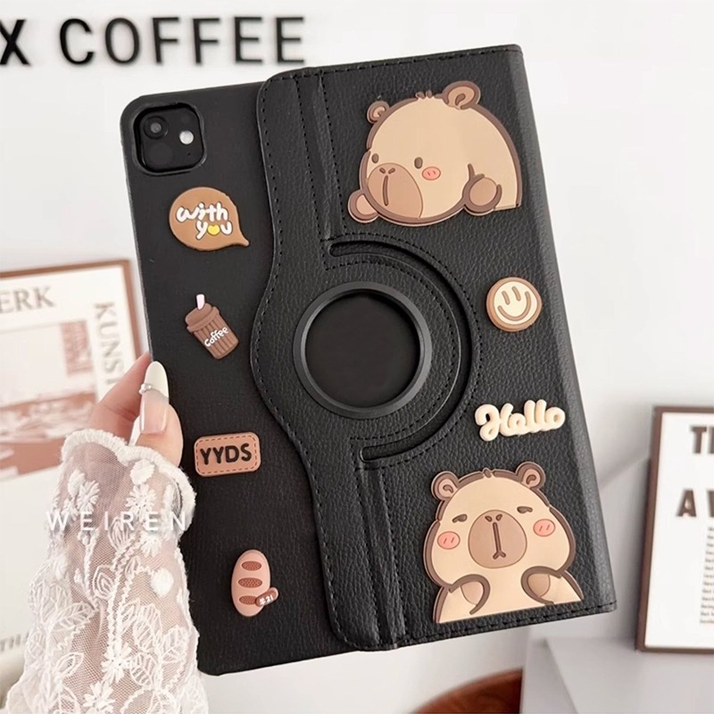 360° Rotatable Stand Flip หนังแท็บเล็ต 3D Capybara สติกเกอร์สําหรับ Samsung Galaxy Tab S7 S8 A9 Plus A8 A7 8.7 S2 S3 S4 S9 FE 10.1 10.5 11 นิ้วปลอก