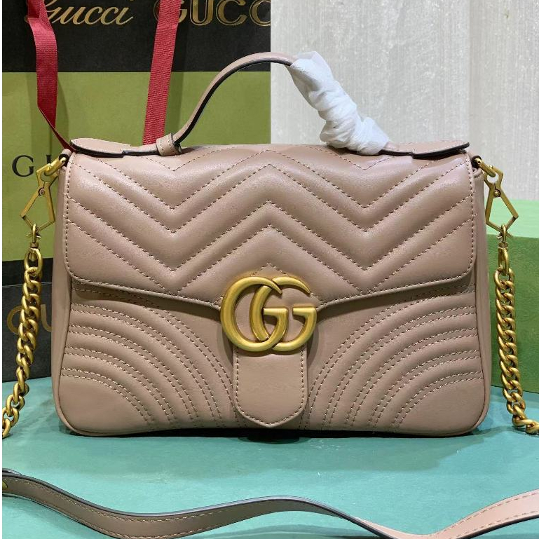 [ของแท้ดั้งเดิมพร้อมกล่องบรรจุภัณฑ์] Gucci GG Marmont Series Marmont Gold Label Logo Chain Quilted L