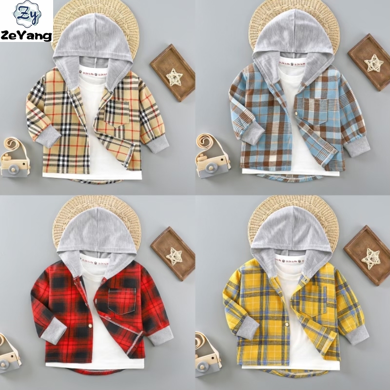 [ZY] 90-160 Ready Stock เสื้อมีฮู้ดเด็กผ้าฝ้ายเสื้อยืดแขนยาวลําลองฤดูใบไม้ร่วงฤดูหนาวเสื้อแจ็คเก็ตมีฮู้ดเด็กแฟชั่นเสื้อลายสก๊อตเรียบง่าย