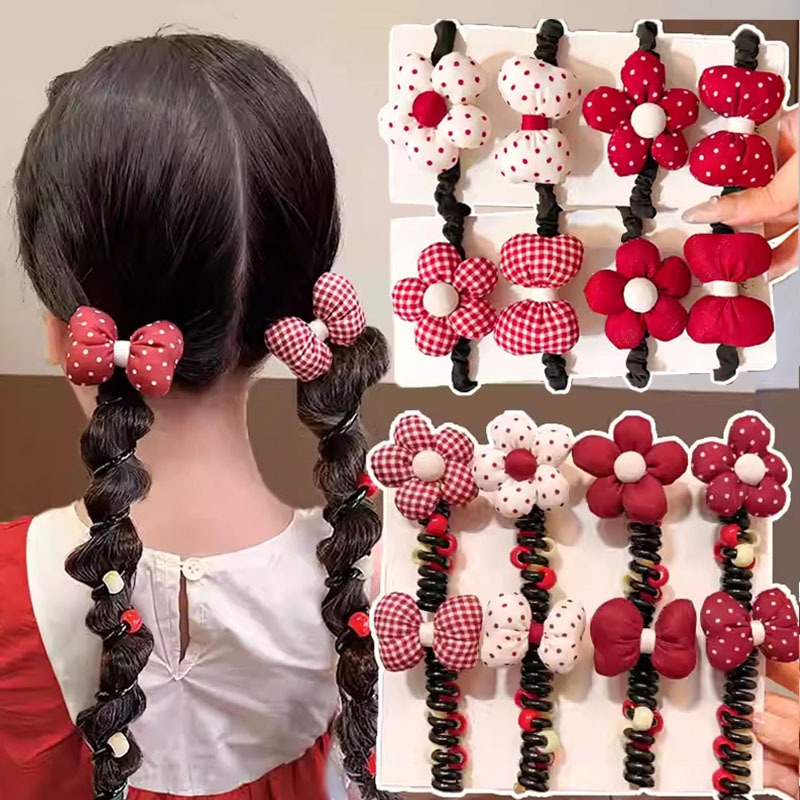 เด็กดอกไม้สีแดงฟองถักเปียสายโทรศัพท์ผูกผมสาวผมหางม้ายางรัดไม่เจ็บเด็กโบว์ผูกผม