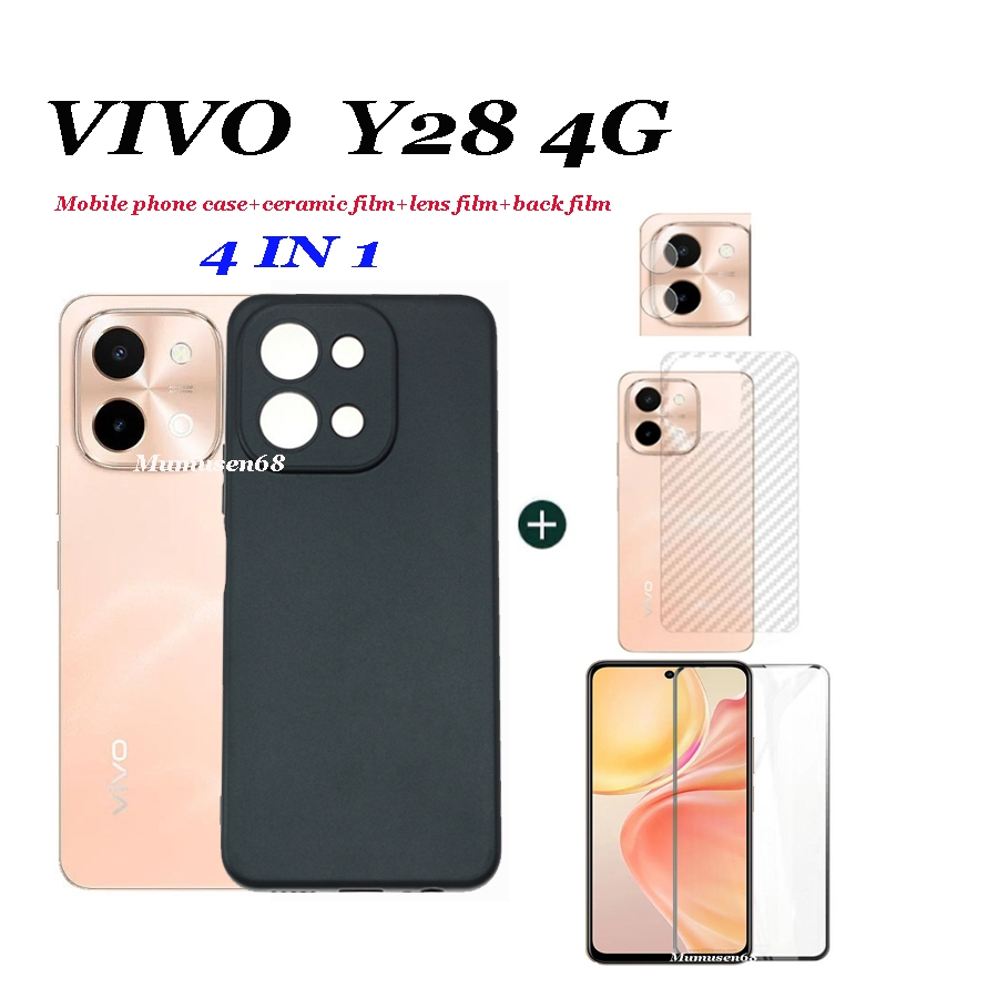 4in1 เหมาะสําหรับเคสโทรศัพท์มือถือ Vivo Y28 4G Y28 5G Y28S เคสโทรศัพท์มือถือป้องกันการตกด้านสีดํา+ฟิ