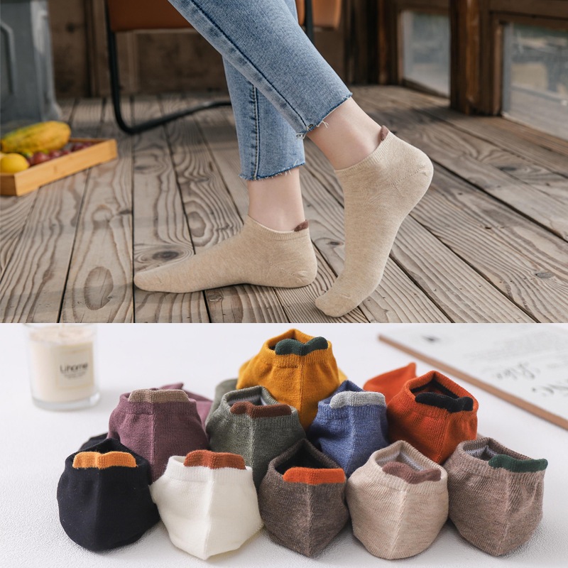 ง247 ถุงเท้าถุงเท้าเรือบาง ต่ํา-สูงสุด ปากตื้นสีทึบถุงเท้าผ้าฝ้ายหลอดสั้นถุงเท้าผู้หญิง