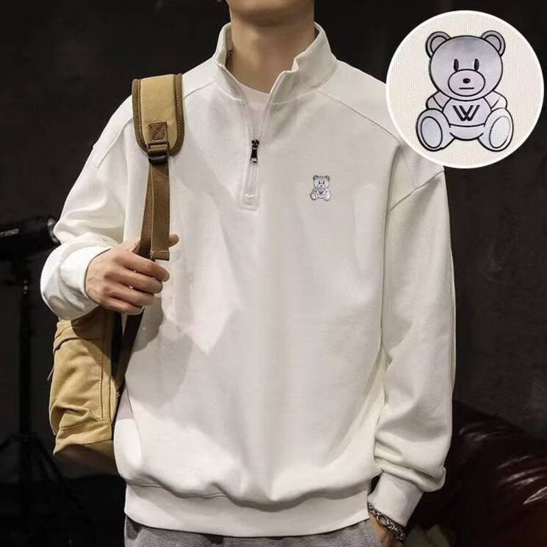 M-5XL เสื้อยืดแฟชั่นแขนยาวครึ่งซิปหลวมสบายๆพลัสขนาดเสื้อกันหนาวผู้ชาย