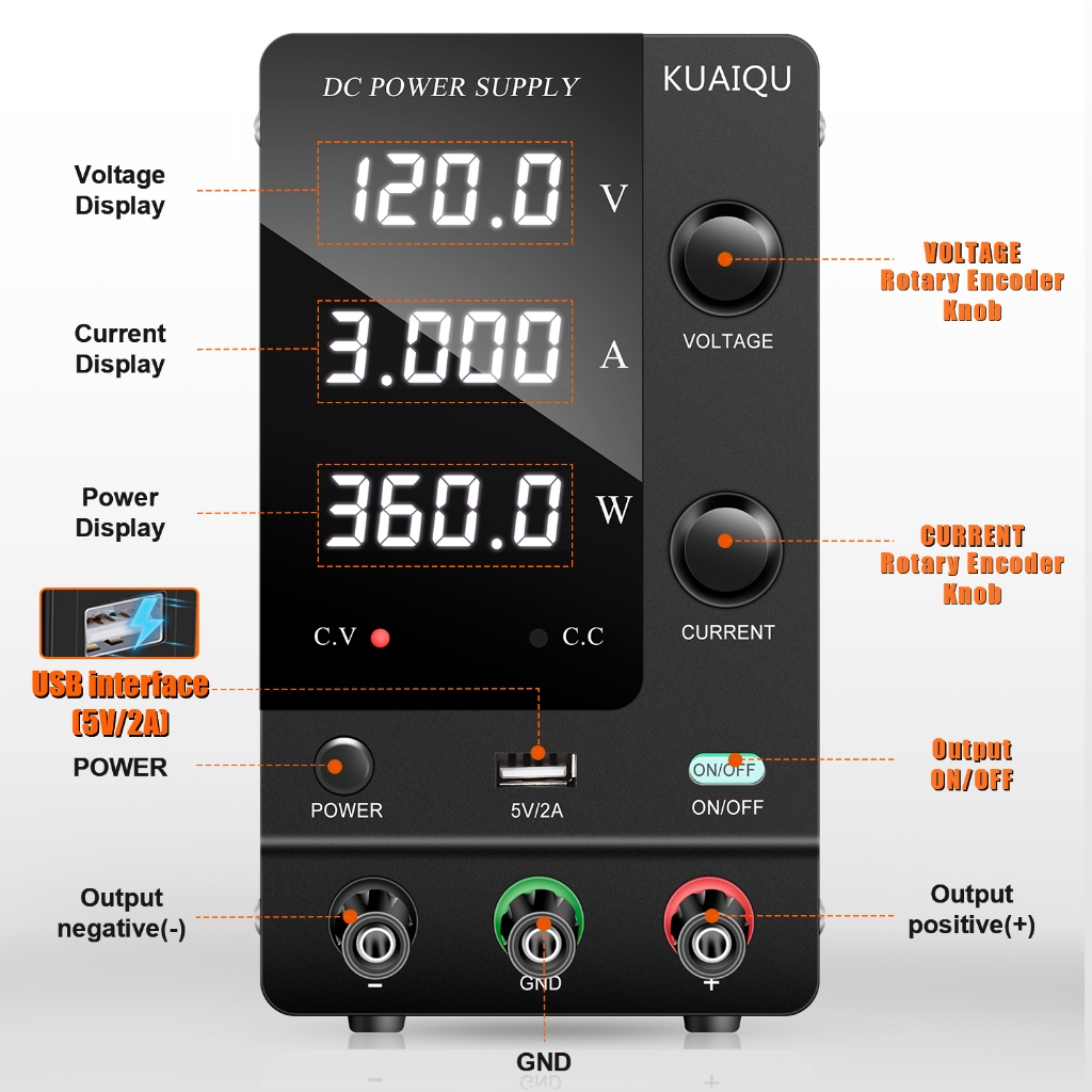 KUAIQU เครื่องจ่ายไฟ (ส่งเร็วจากไทย) DC Power Supply 30V 10A 120V 3A สําหรับห้องปฏิบัติการแหล่งจ่ายไฟ DC SPPS-C1203 จอแสดงผล LED 4 หลัก อินเตอร์เฟซ USB