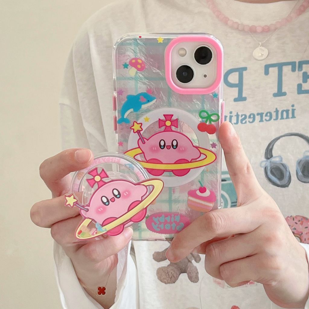 น่ารัก Star Kirby Magnetic Bracket เคสโทรศัพท์สําหรับ iPhone 16 15 14 13 Pro Max กันกระแทกอะคริลิคกลับปกอ่อน Fundas