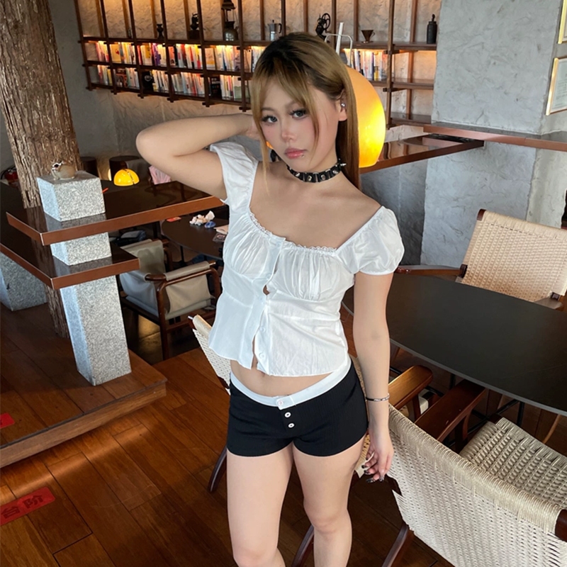 Hanie House- เสื้อครอปแขนพัฟคอเหลี่ยมฤดูร้อนสําหรับผู้หญิง