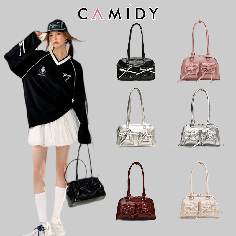 Camidy กระเป๋าสะพายไหล่ข้างเดียว standoil ประดับโบว์ สไตล์เกาหลี สําหรับผู้หญิง