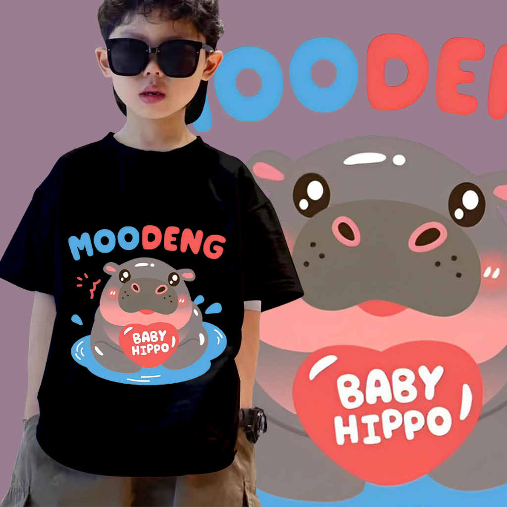 ใหม่ เสื้อยืดเด็ก Moodeng hippo หมูเด้ง เสื้อลายฮิปโปน่ารัก ฮิปโป แคระ หมู เด้ง Kids T-shirt ผ้าCotton 100% ใส่สบาย ไม่หด ไม่ย้