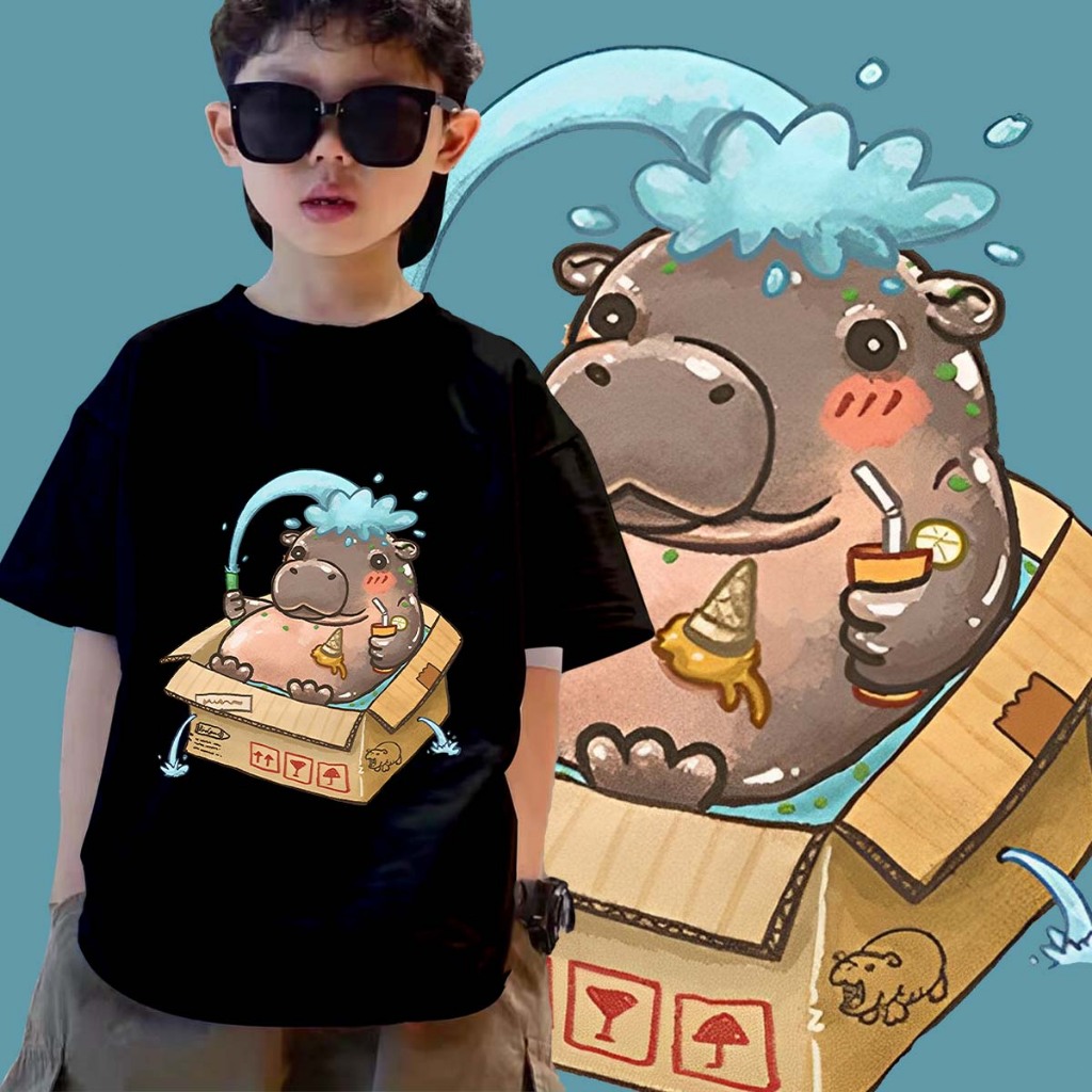 ใหม่ เสื้อยืดเด็ก Moodeng hippo หมูเด้ง เสื้อลายฮิปโปน่ารัก ฮิปโป แคระ หมู เด้ง Kids T-shirt ผ้าCotton 100% ใส่สบาย ไม่หด ไม่ย้