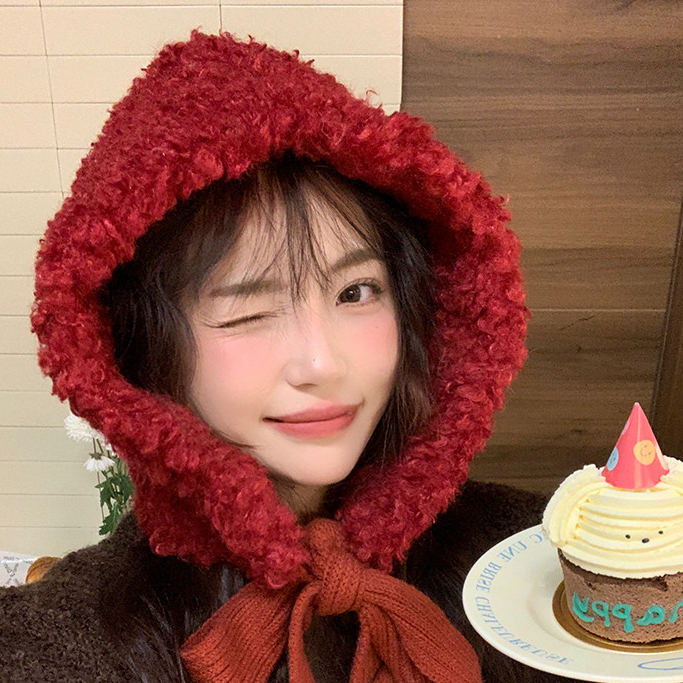 2024 สไตล์ใหม่น่ารัก Lamb ขนแกะ Laced-Up สีทึบ Baotou หมวกผู้หญิงฤดูใบไม้ร่วงฤดูหนาว Warm All-Ma