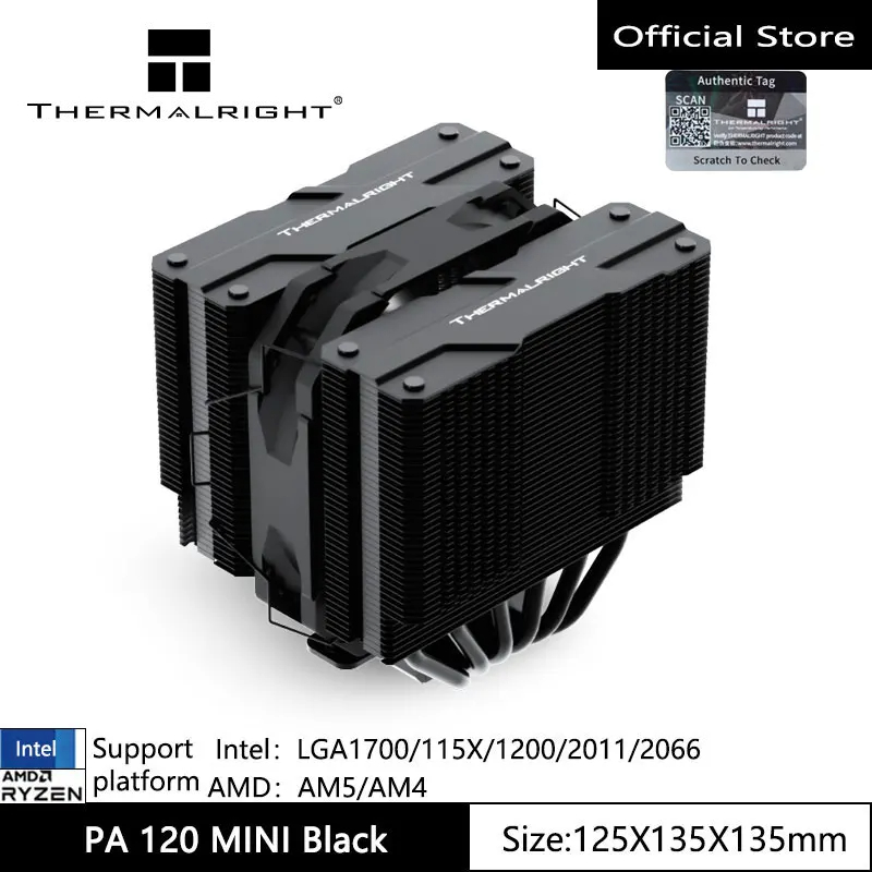 Thermalright PA120 Mini สีดําหม้อน้ํา CPU Air Cooler 6 ท่อความร้อน 120 มม.TL-D12W PWM พัดลม 135 มม.สูง Double Towers Cooler สําหรับ AMD AM4 AM5/Intel LGA 1851/1700/1200/2011