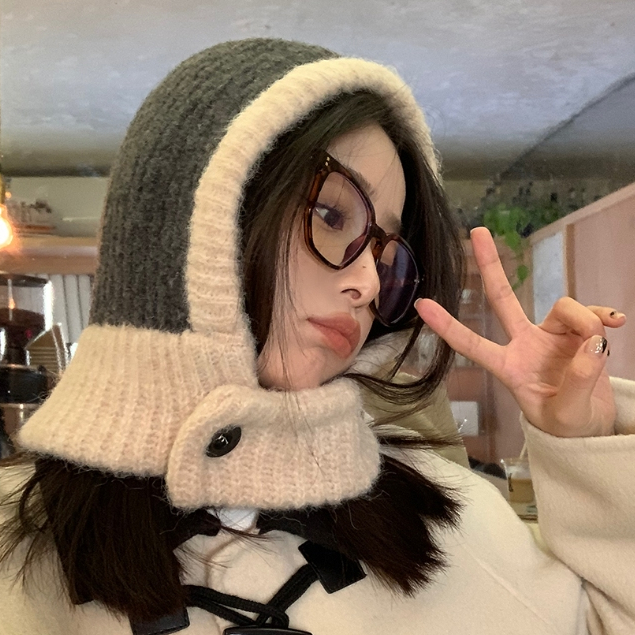 ซอก บาลาการ์ฟา หมวกผู้หญิงฤดูใบไม้ร่วงฤดูหนาวที่อบอุ่นเสื้อสวมหัวหมวกคอป้องกันเอี๊ยมชิ้นเดียวถักหมวกขนสัตว์อินเทรนด์