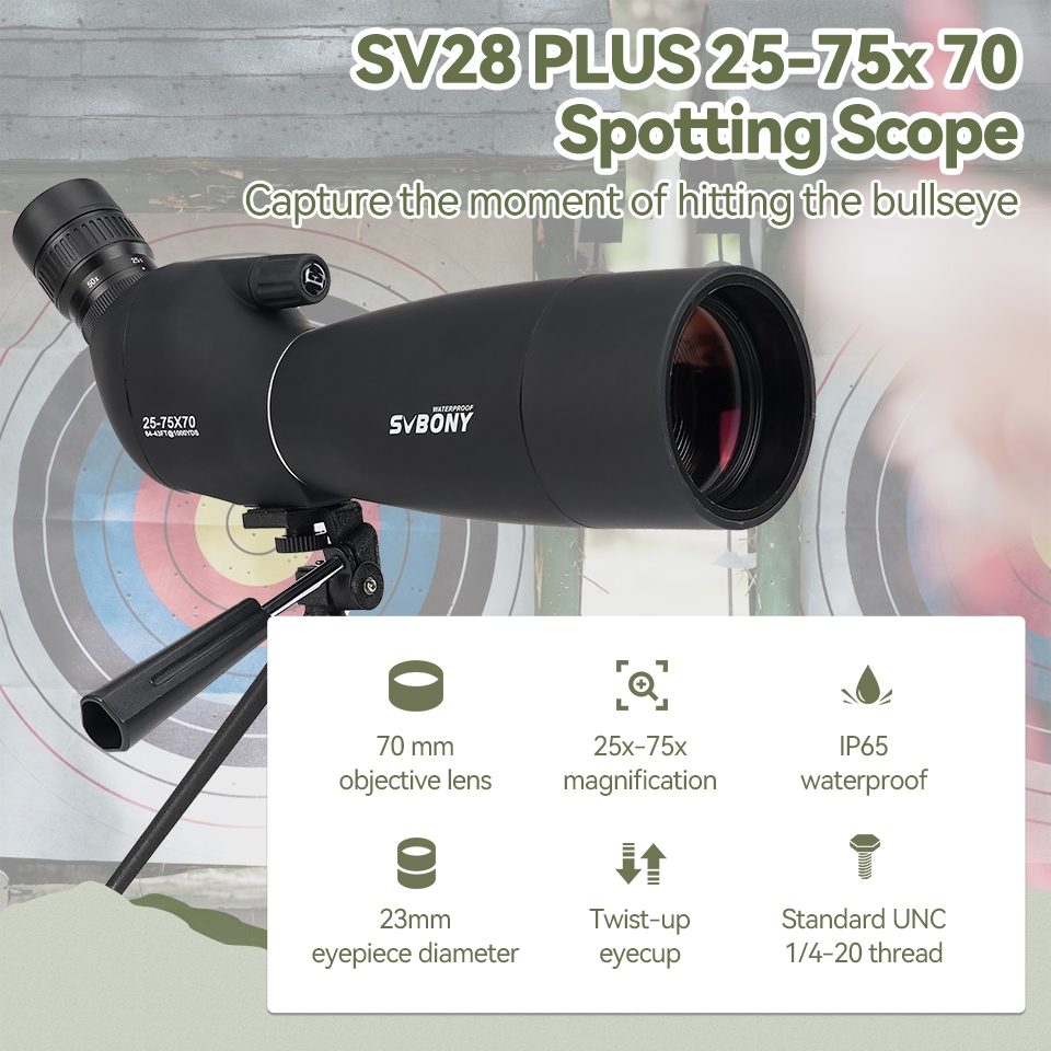 Svbony SV28PLUS Spotting Scope A5 ไวน์แดงเคลือบ IP65 Variable 25x-75x ซูมสําหรับกิจกรรมกลางแจ้ง