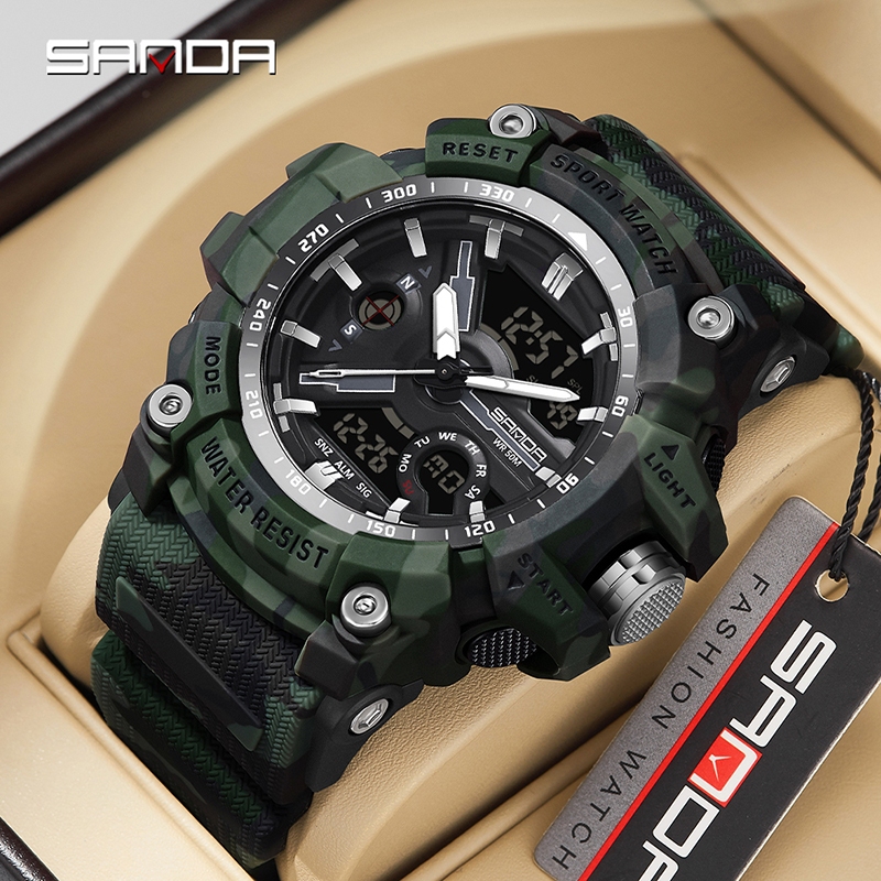 Sanda 3355/in stock Fashion City กีฬากลางแจ้งกันน้ํากีฬาทหาร Camo ของขวัญนาฬิกาผู้ชายอเนกประสงค์