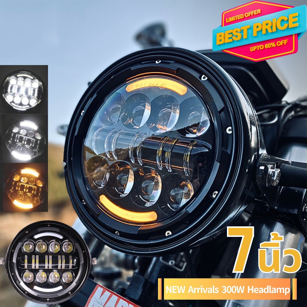 ถูกที่สุด.ไฟหน้า LED 300W รอบความสูงต่ํา 7 นิ้ว DRL Halo Corner Eye LED ไฟหน้าสําหรับรถจี๊ปออฟโรด, รถจักรยานยนต์ Harley, ATV, รถบรรทุก