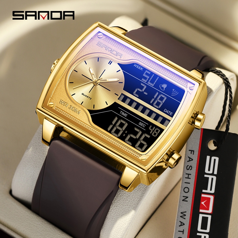 Sanda 6163/in stock ใหม่หน้าปัดขนาดใหญ่ Dual Display Multi Strap อินเทรนด์ธุรกิจอารมณ์แฟชั่นนาฬิกาผู