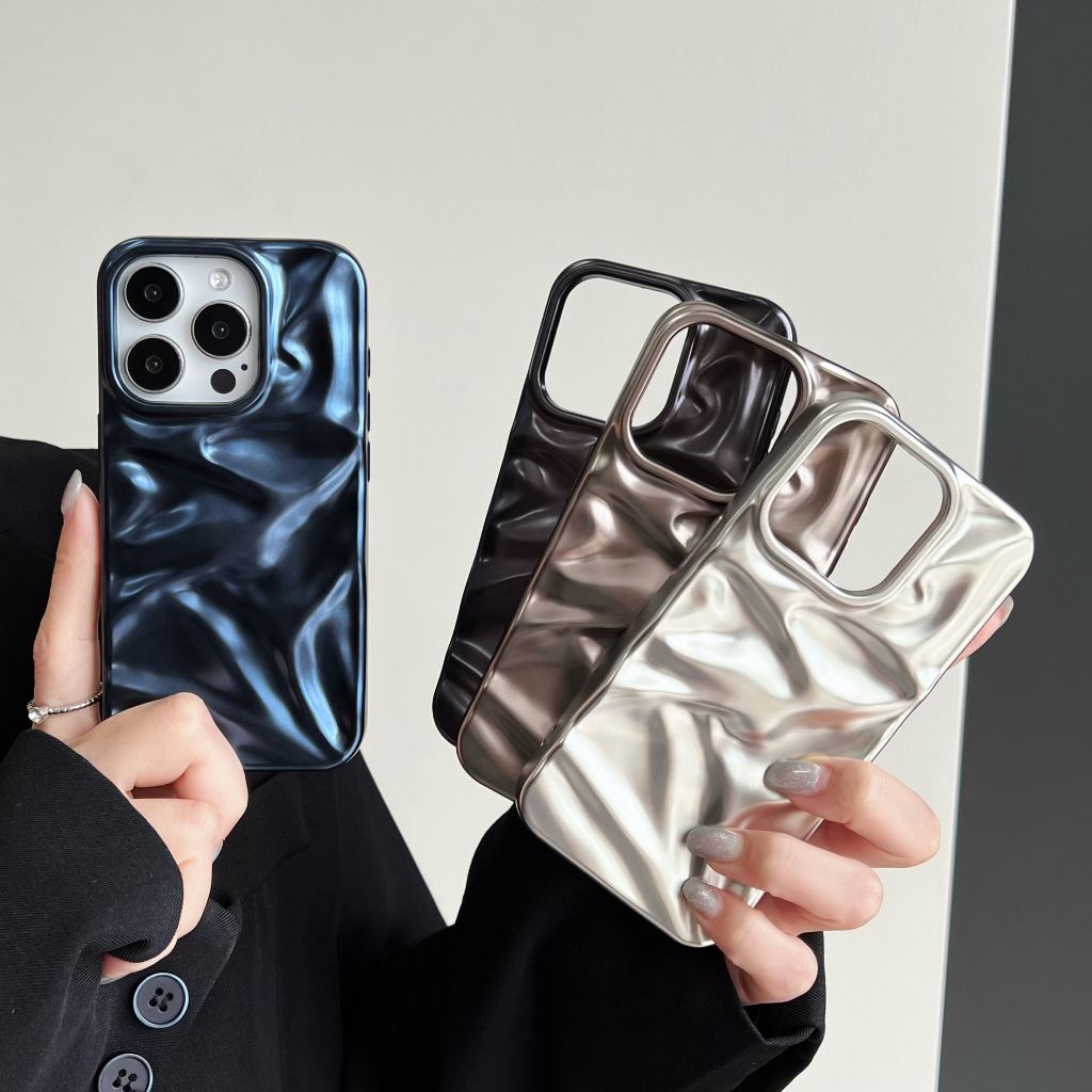 3d Anti Slip Wrinkle Soft CaseสําหรับiPhone 11 12 13 14 15 16 Pro Max Bling Matte Wave ShellสําหรับiPhone 16 Plus Pro Silvery Cover