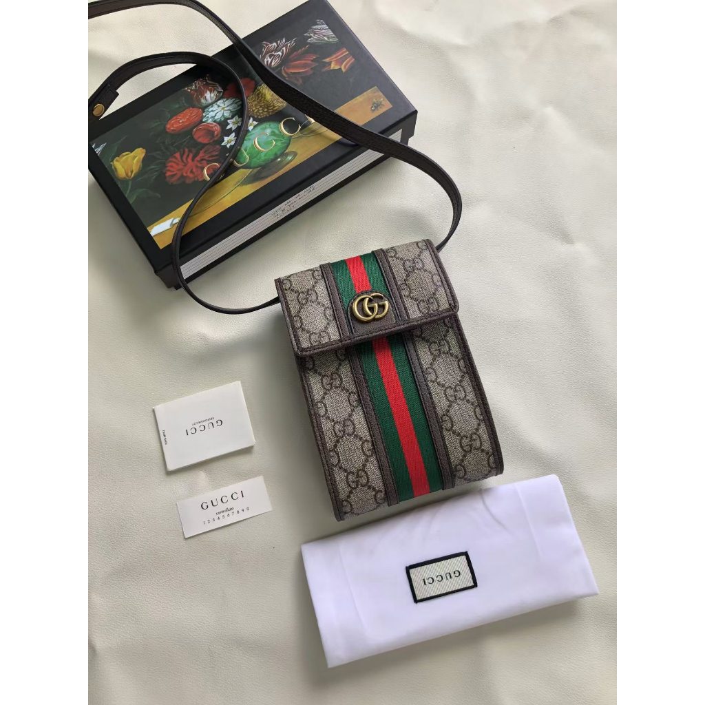 [ของแท้ดั้งเดิมพร้อมกล่องบรรจุภัณฑ์] Gucci Presbyopic Stripes Webbing Canvas กระเป๋าโทรศัพท์มือถือหน