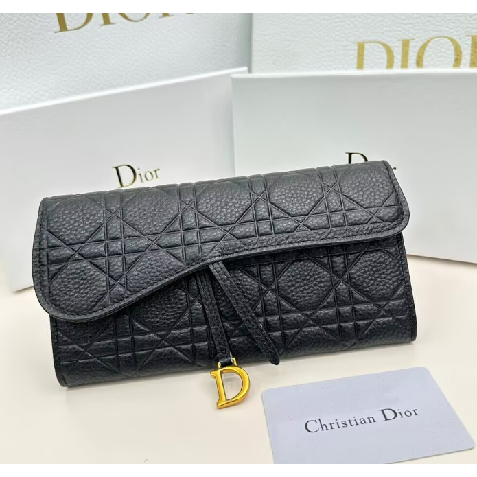 [กล่องของขวัญ] แฟชั่น Dior กระเป๋าคาเวียร์ หนังคุณภาพสูง แพ็คการ์ดพับคู่ กระเป๋าสตางค์ผู้หญิงสุดหรู