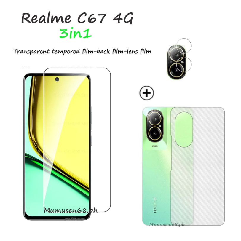 3in1 สําหรับ Realme C67 4G โปร่งใสกระจกนิรภัยฟิล์ม Realme C67 5G หน้าจอป้องกัน + เลนส์ฟิล์ม + ฟิล์มด