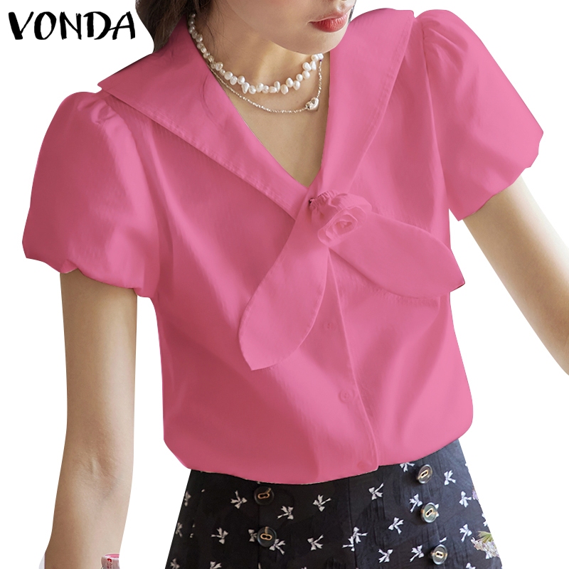 Vonda Women Korean Solid Color Rose Tie Casual Puff Short Sleeved Shirt