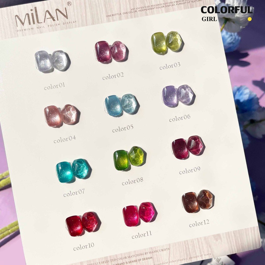 【พร้อมส่ง】MILAN 12สี     สีลูกแก้ว ฟรีชาร์ทสี Cat eye   แม่เหล็ก เอฟเฟกต์มันเงามาก