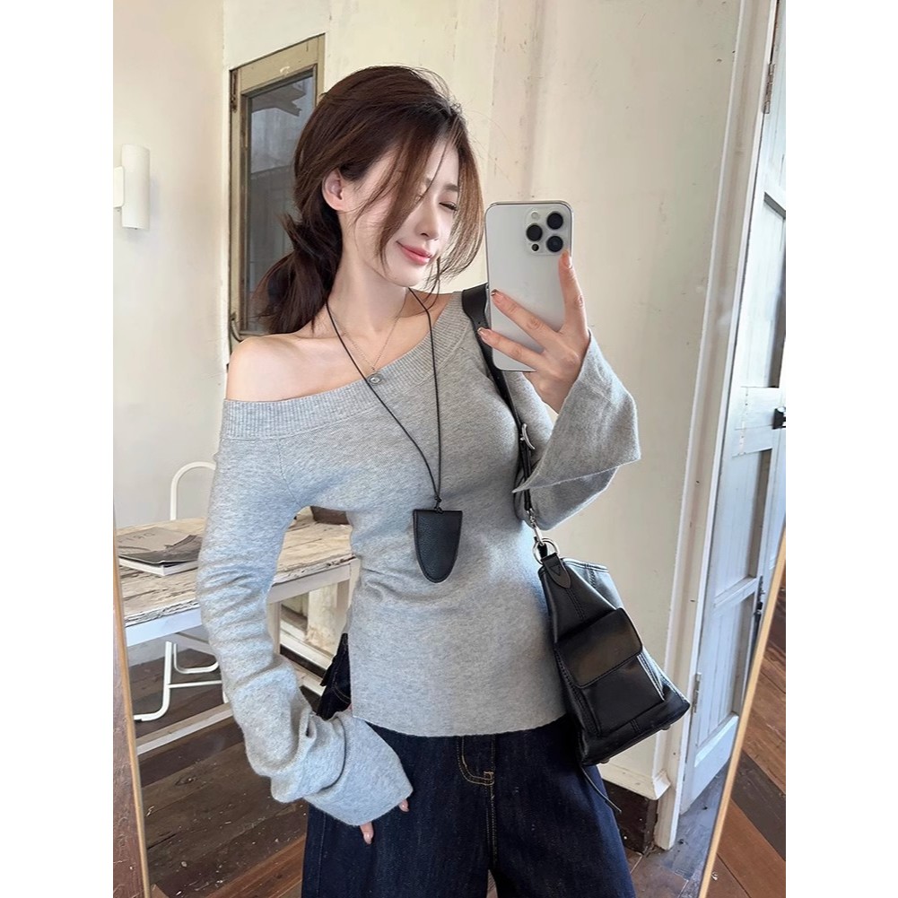 NZN สีเทาสาวร้อนปิดไหล่ไหล่เฉียงฤดูใบไม้ร่วงสไตล์ใหม่slim-fit Slimmerดูแขนยาวถักด้านบน