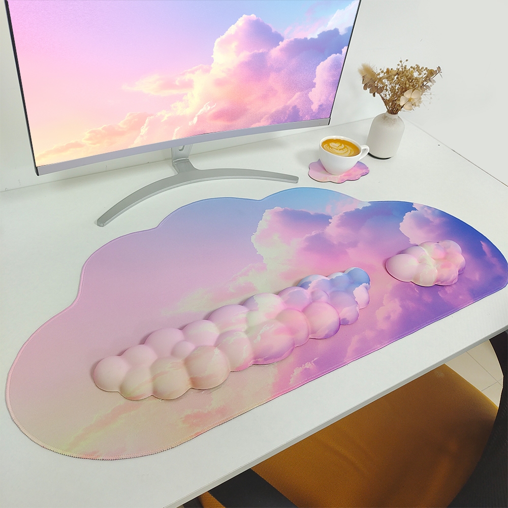 4pcs Cloud Mouse Pad และคีย์บอร์ดข้อมือ,ขยายขนาดใหญ่โต๊ะ Pad ชุด,หน่วยความจําโฟมลื่น Ergonomic Gaming Mouse Pad สายรัดข้อมือสําหรับคอมพิวเตอร์แล็ปท็อปโฮมออฟฟิศสีชมพู Sky
