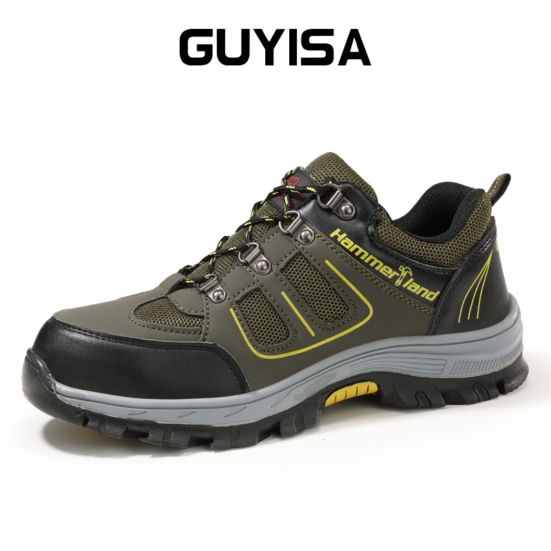 Guyisa รองเท้านิรภัยหัวเหล็กรองเท้าทํางานเดินป่าระบายอากาศกันลื่นทนต่อการสึกหรอสีเขียว F036 39-44