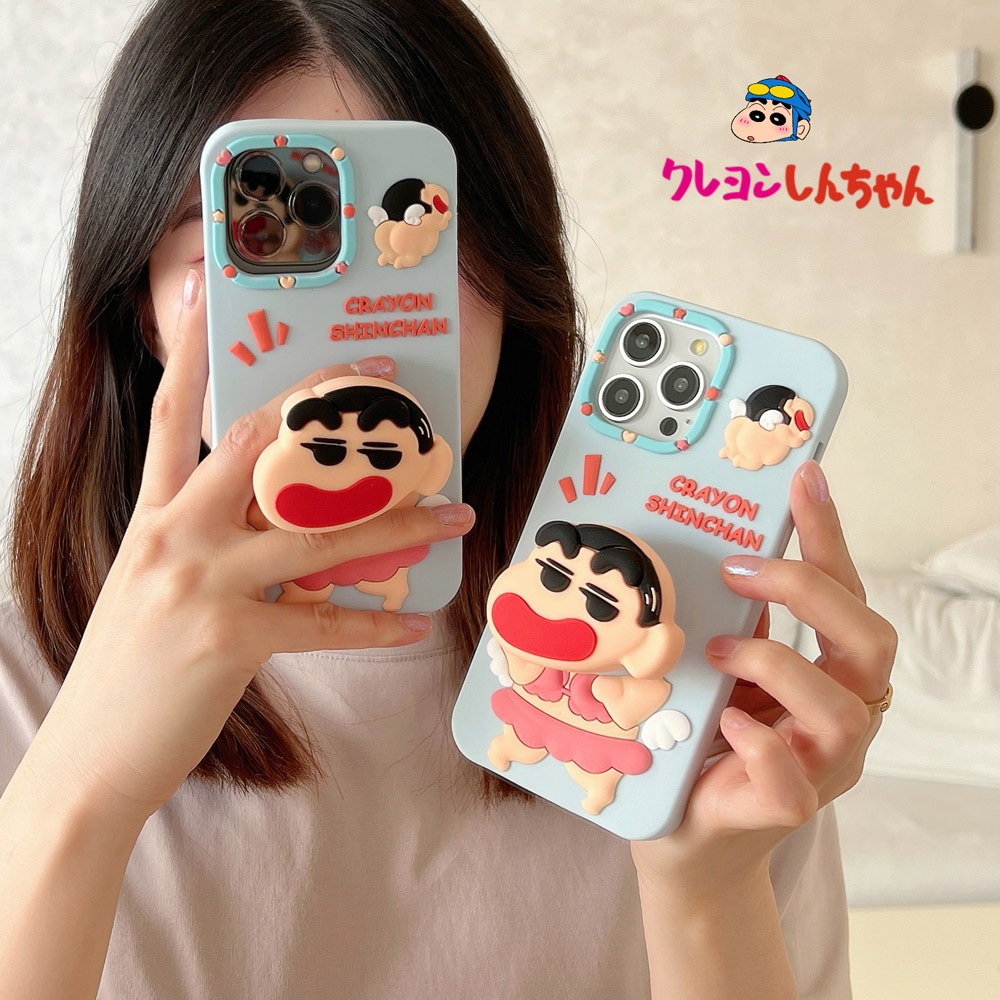 สําหรับ Iphone 11 12 13 14 15 16 Pro max 3D Angel Crayon Shin chan พร้อมขาตั้ง Functio ซิลิโคนนุ่มเคสโทรศัพท์