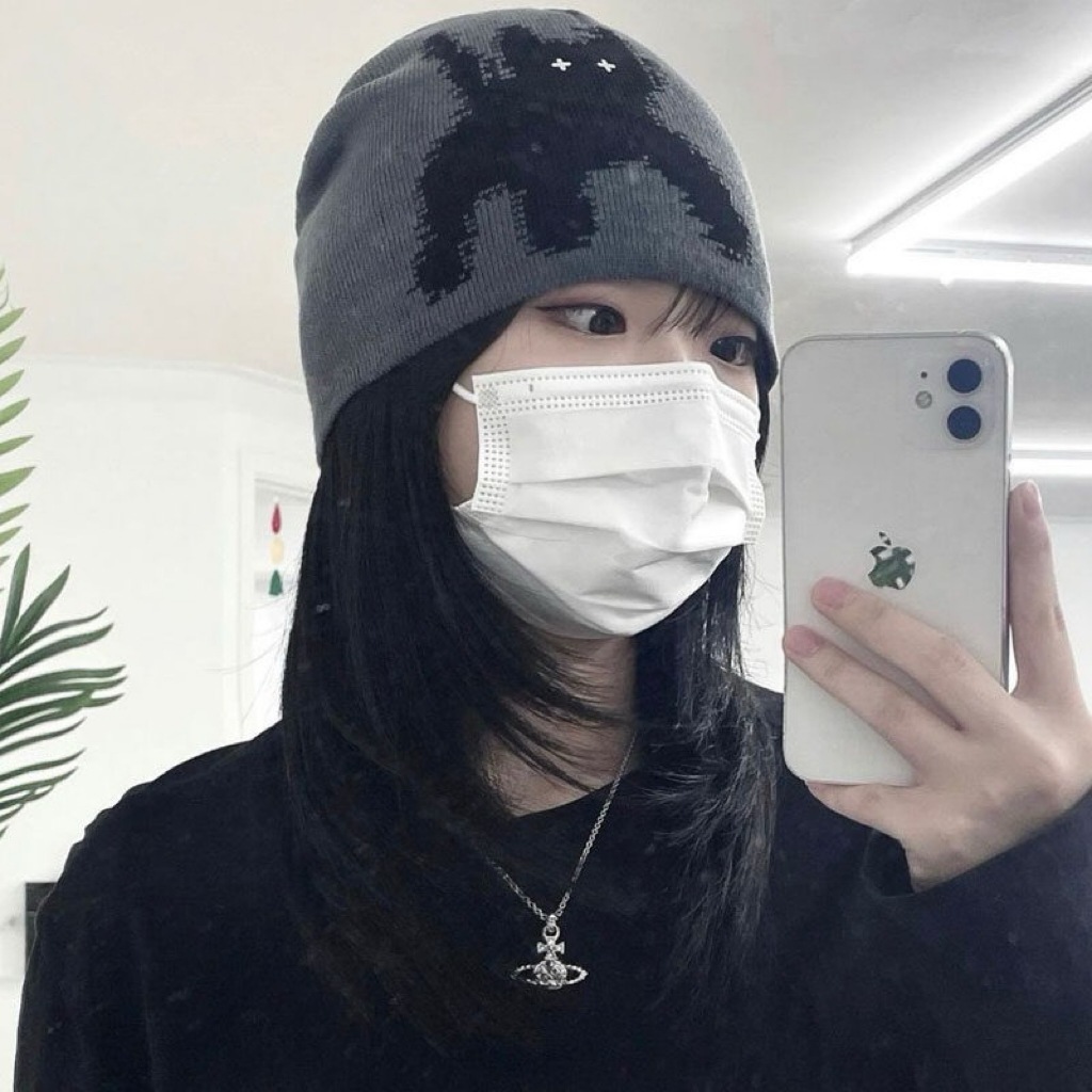 เกาหลีพิกเซลการดูแลลูกแมวน่ารักถักหมวก อิน บล็อกเกอร์ โดมหัวหมวกสีเทาเสื้อสวมหัวหมวกต้นฤดูใบไม้ร่วง
