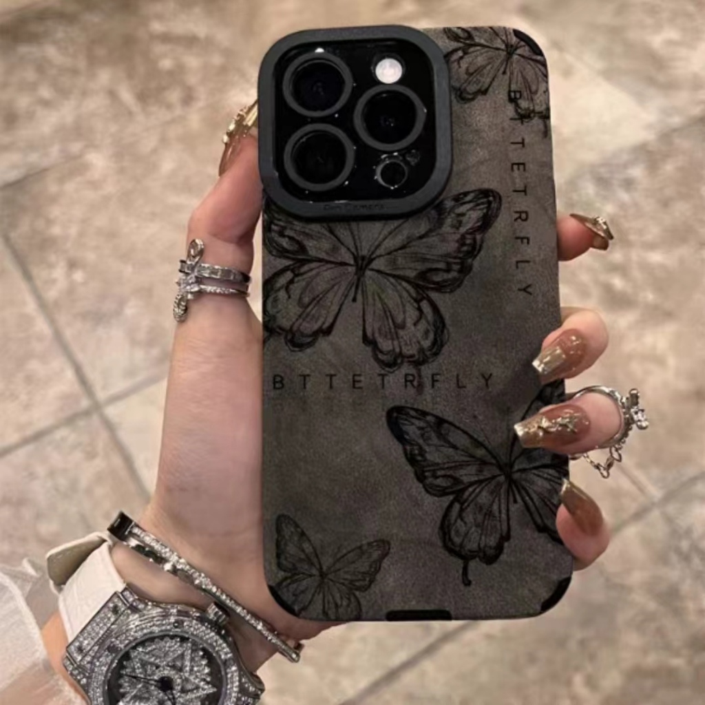 แฟชั่นสีดํา ผีเสื้อ เคสโทรศัพท์หนังสีเทา,กันกระแทกเต็มป้องกันปลอกโทรศัพท์,เข้ากันได้กับ ไอโฟน 16โปรแม็กซ์ 16 15บวก 15 14 13 12 11 X 8พี 7พี 7