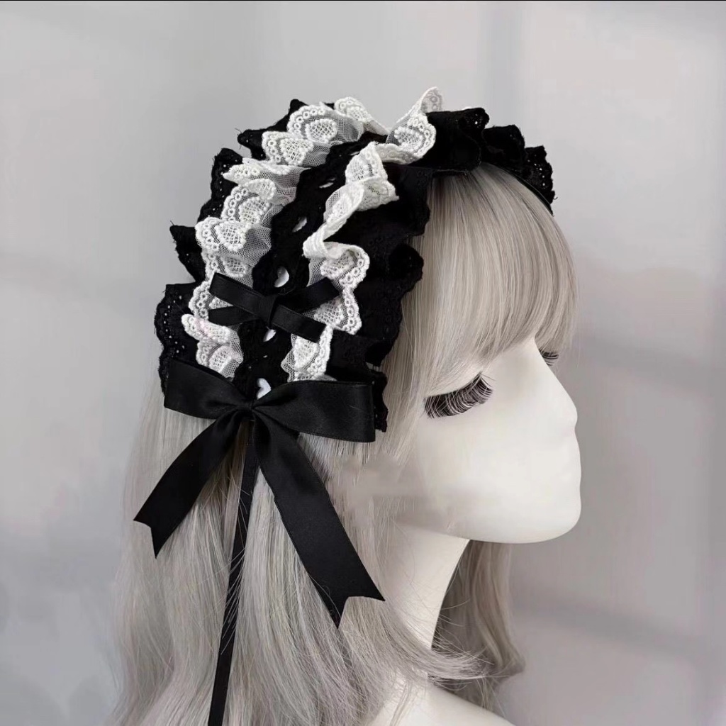ญี่ปุ่น Lolita Headwear ตุ๊กตา Gothic สีดําและสีขาวลูกไม้แถบคาดศีรษะ Llo เครื่องประดับโบว์หวาน