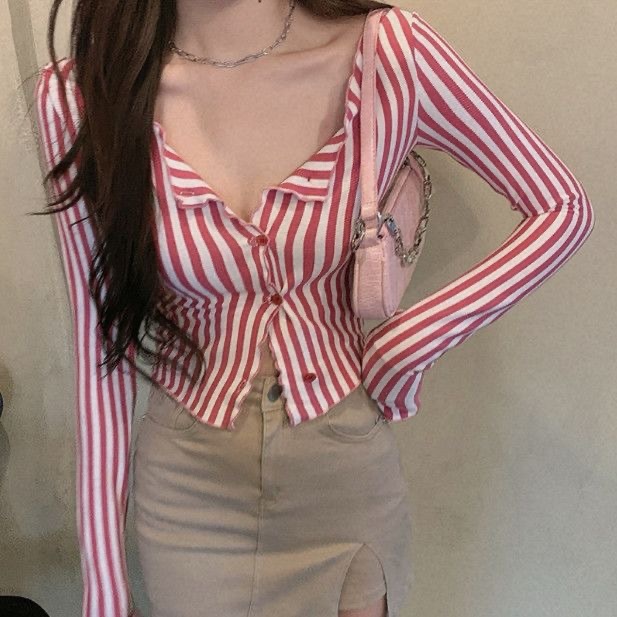 American Retro Hot Girl Skinny Striped Leaky Clavicle Scheming Design เสื้อคาร์ดิแกนแขนยาวเซ็กซี่