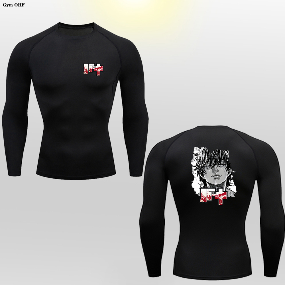 Anime Graphic Compression แขนยาวสําหรับชายกีฬา Quick Dry เสื้อ Tops Gym ออกกําลังกายเสื้อกล้ามแขนยาว Rash Guard